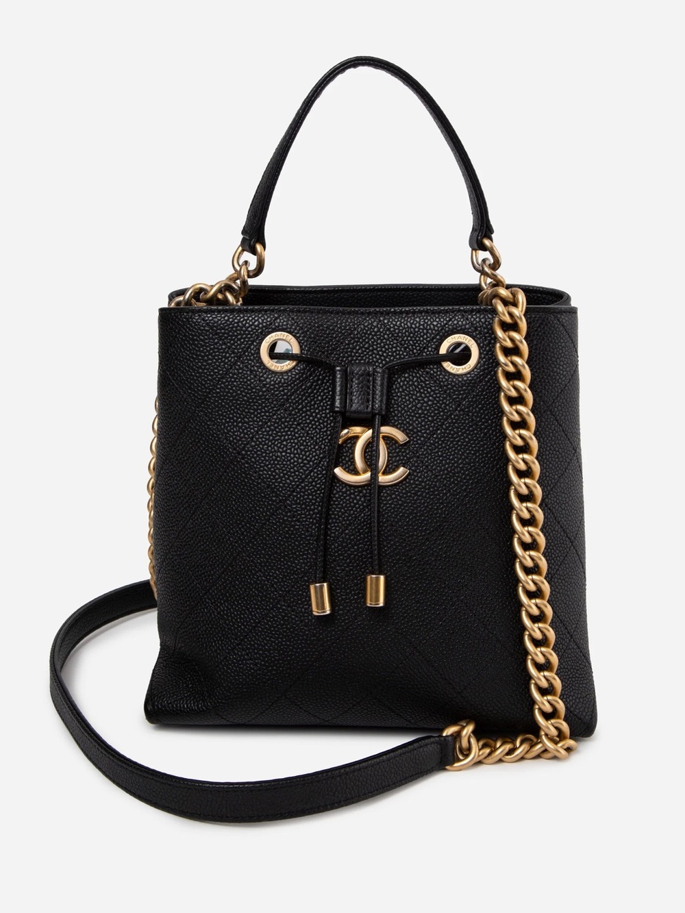Pre-Owned Chanel 2021 Black Quilted Caviar CC Drawstring Handle Bucket Bag